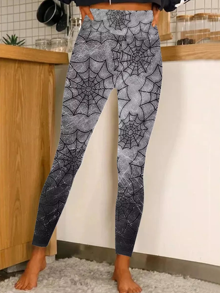 Women Spider Web Gradient Simple Halloween Leggings, Black, Leggings