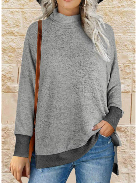Plain Casual Loose Cotton-Blend Tops, Gray, Tops