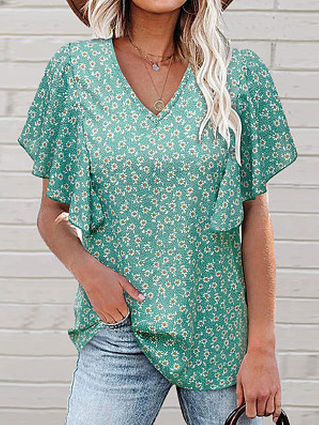 V Neck Loose Floral Top, Green, Shirts & Blouses