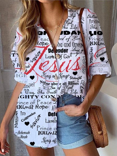 Text Letters Shirt Collar Blouse, White, Shirts & Blouses