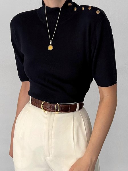 Daily Simple Buttoned Half Sleeve Plain Top, Black, Tees