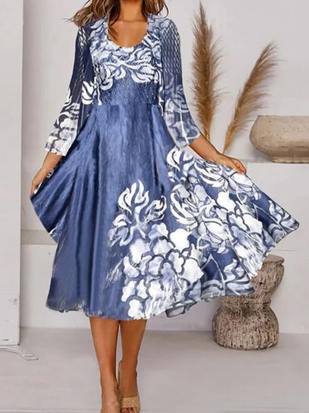 Loose Floral Crew Neck Dress, Blue, Midi Dresses