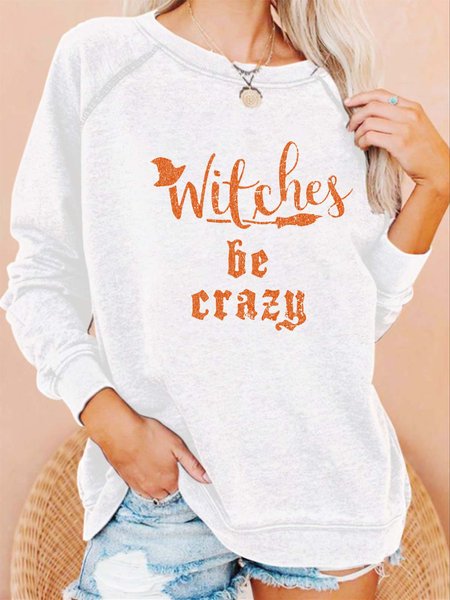 Women Witch Brooms Letters Loose Casual Halloween Sweatshirts, White, Hoodies&Sweatshirts