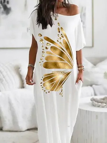 Butterfly Others Simple Loose Dresses, White, Dresses
