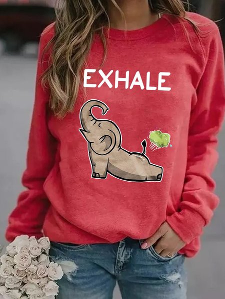 Women Exhale Funny Elephant Crew Neck Simple Sweatshirts, Red, Hoodies&Sweatshirts