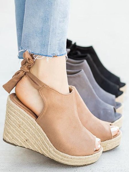 Woven Platform Wedge Fish Mouth Sandals, Khaki, Sandals