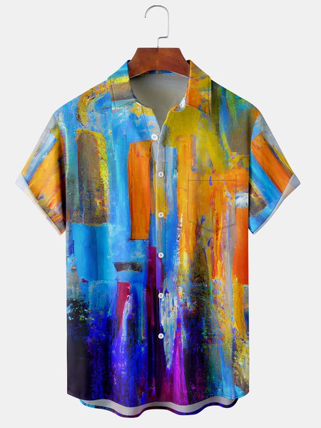 Mens Casual Oil Painting Print Front Button Short Sleeve Shirt Chest Pocket Casual Hawaiian Shirt, Blue, Men's Floral shirt