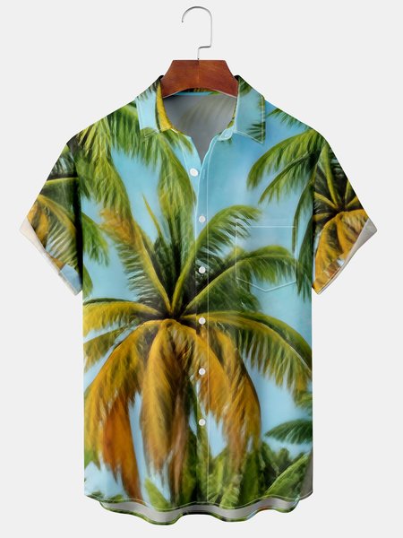 Men's Casual Palm Front Button Soft Breathable Chest Pocket Casual Hawaiian Shirt, Cyan, Men's Floral shirt