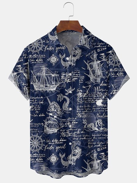 Men's Casual Short Sleeve Hawaiian Shirt with Chest Pocket, Blue, Short Sleeve Shirts