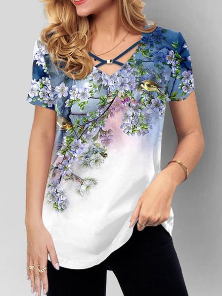 Casual V Neck Floral T-Shirt, Blue, Blouses & Shirts