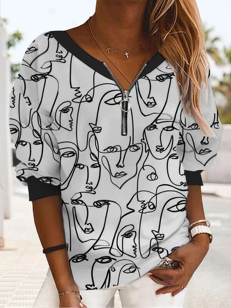 Casual Abstract Portrait Print Long Sleeve Pullover Sweatshirt, White, Sweatshirts & Hoodies
