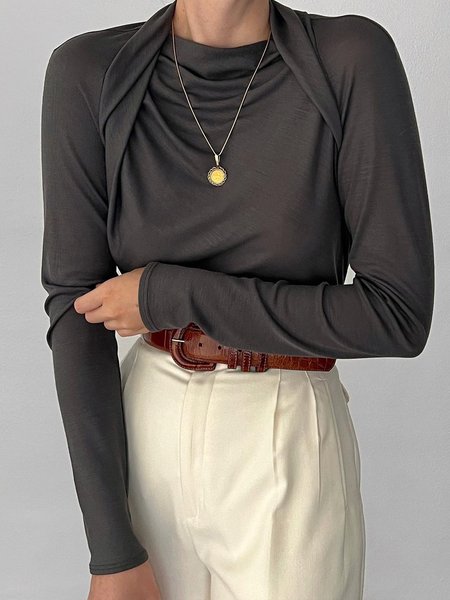 Casual Plain Autumn Polyester Loose Crew Neck Regular H-Line Regular Size Tops for Women, Gray, Tees