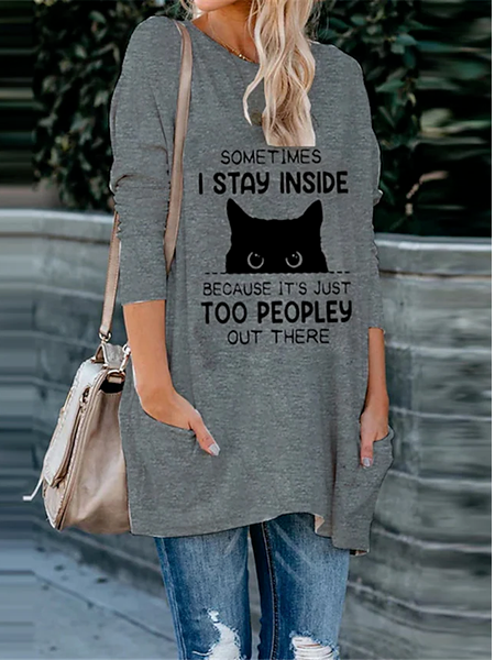 Crew Neck Loose Cotton-Blend Tops, Gray, Shirts & Blouses