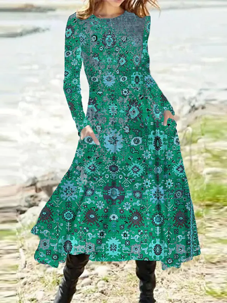 Casual Cotton-Blend Crew Neck Dresses, Green, Dresses