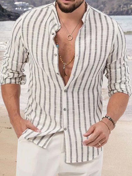Cotton Linen Striped Casual Long Sleeve Shirt, As picture, Long Sleeve Shirts