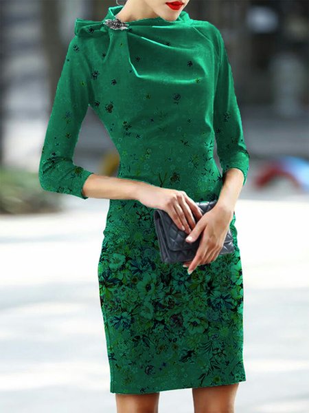 Floral Asymmetrical Regular Fit Mini Dress, Green, Mini Dresses