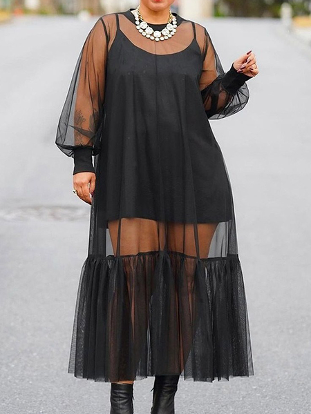 Loose Crew Neck Long sleeve Elegant Regular Size Dresses, Black, Maxi Dresses