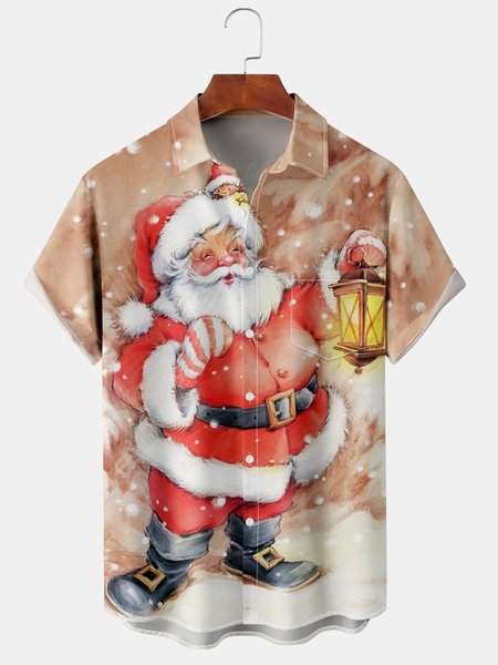 Men's Casual Santa Print Short Sleeve Hawaiian Shirt with Chest Pocket, Red, Short Sleeve Shirts