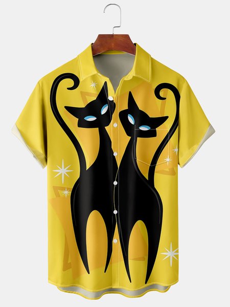 Art Cat Chest Pocket Short Sleeve Shirt, Yellow, Men Shirts