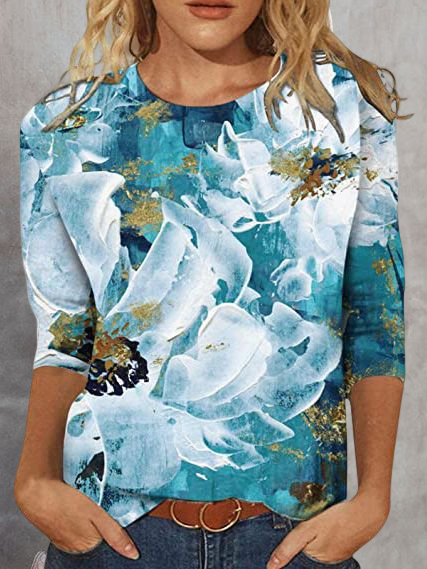 Casual Oil Painting Floral Round Neck Pullover T-shirt, Blue, T-Shirts
Casual Oil Painting Floral Round Neck Pullover T-shirt, Blue, T-Shirts
