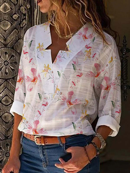 Casual Floral Loose Blouse, White, Blouses & Shirts