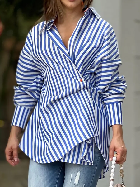 Loose Shirt Collar Long sleeve Urban Striped Blouse, Blue, Blouses and Shirts