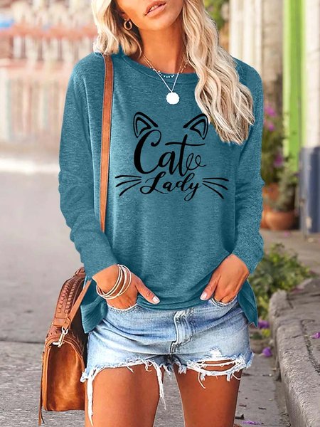Women Cat Lady Animal Letters Casual Top, Green, Long sleeves