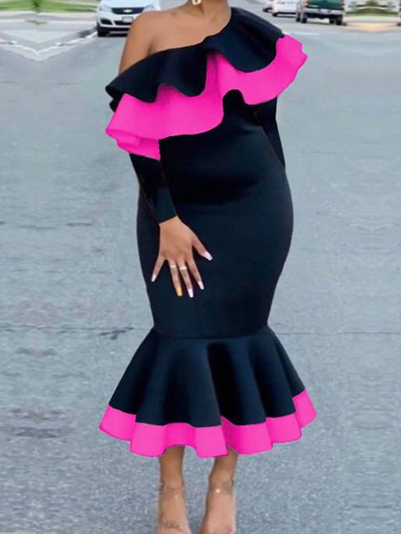 Elegant Color Block Flouncing Boat Neck Mermaid Skirt Dress, Black, Maxi Dresses