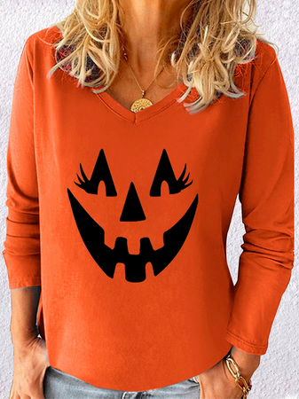 Casual Halloween Loose T-Shirt, Orange, Tops