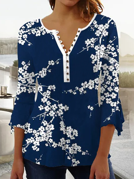 Floral Cotton-Blend Casual T-Shirt, Blue, T-Shirts