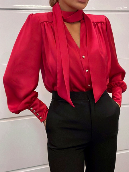 Plain Autumn Elegant V neck No Elasticity Commuting H-Line Regular Regular Size Blouse for Women, Red, Blouses and Shirts