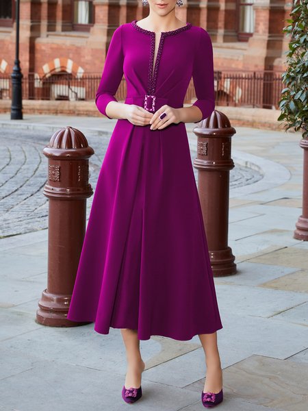 Women Plain Autumn Elegant Polyester Daily Regular Fit Midi Mid Waist Regular Dresses, Purple, Midi Dresses