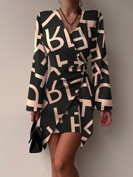 Text Letters Autumn Elegant V neck Micro-Elasticity Midi Long sleeve Regular Regular Size Dresses for Women, Black, Midi Dresses