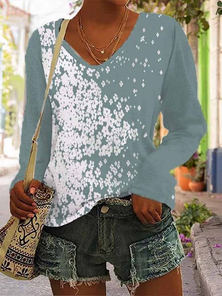 Casual Floral Regular Fit Long sleeve Tops, Green, T-Shirts