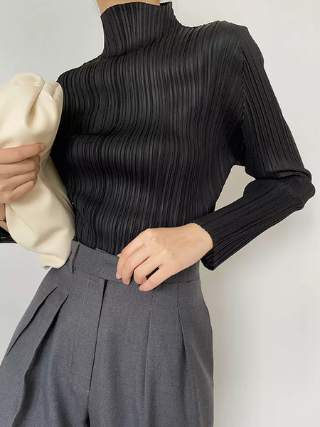 Women Plain Simple Autumn Polyester Micro-Elasticity Regular Fit Regular H-Line Regular Size Tops, Black, Tops