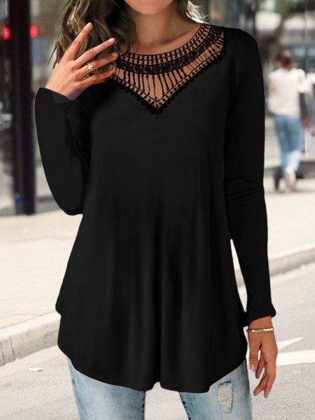 Casual Plain Neck Lace Panel Long Sleeve T-Shirt, Black, Shirts & Blouses