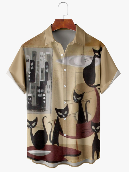 Men's Cat Print Fashion Lapel Short Sleeve Hawaiian Shirt, Khaki, Short Sleeve Shirts