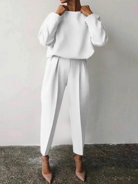 Simple Plain Two Piece Pants Set, White, Two-piece Set
