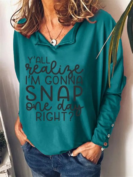 V Neck Snap Loose Tops, Cyan, Shirts & Blouses