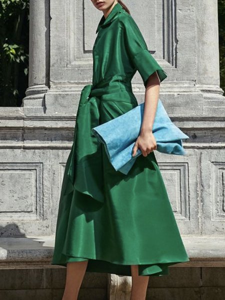 Daily Half sleeve Regular Fit Elegant Satin Dress, Green, Midi Dresses