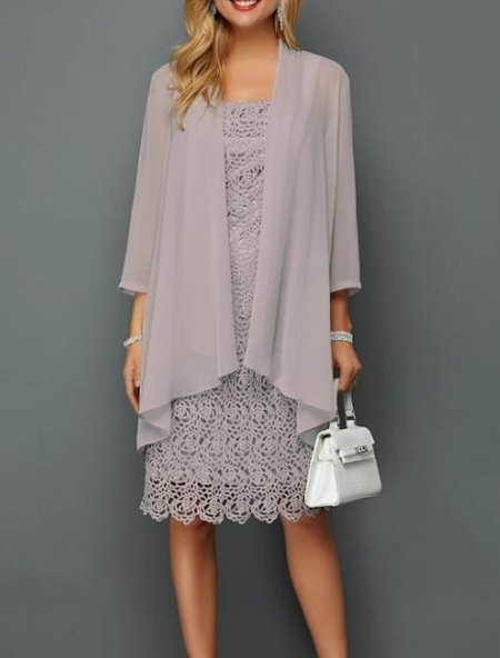 

Elegant Plain Lace Patchwork Dress & Cardigan Two-piece Set, Light gray, Dresses