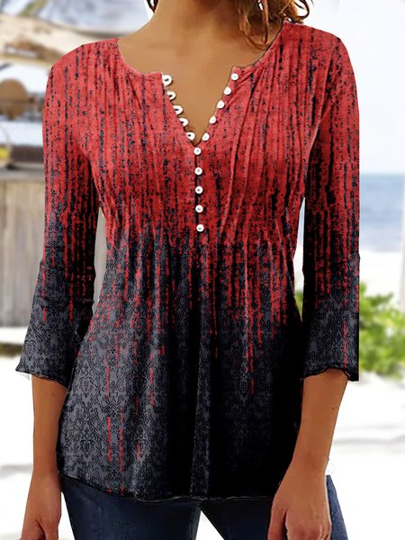 Abstract Gradient Printed 3 / 4 Sleeve Top, Black-red, Shirts & Blouses