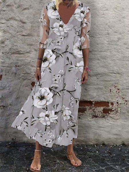 Regular Fit Floral Casual Dresses, Gray, Dresses