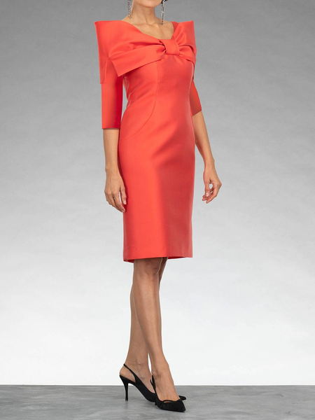 Regular Fit Elegant V Neck Three Quarter Regular Fit Dresses, Red, Midi Dresses