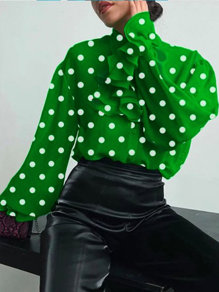 Elegant Flouncing Long Sleeve Polka Dots Blouse, Green, Blouses and Shirts
