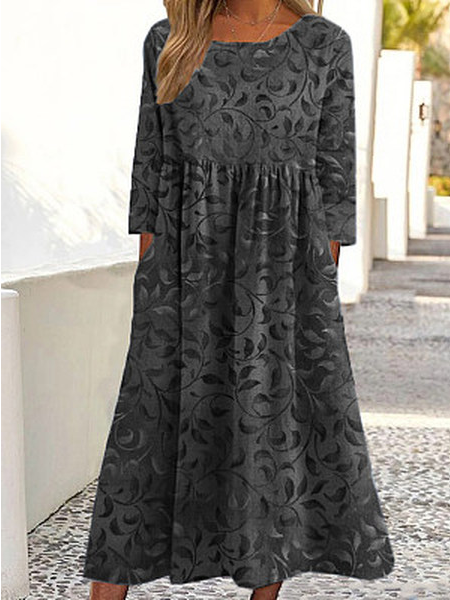 Loose Casual Crew Neck Dresses, Deep gray, Dresses