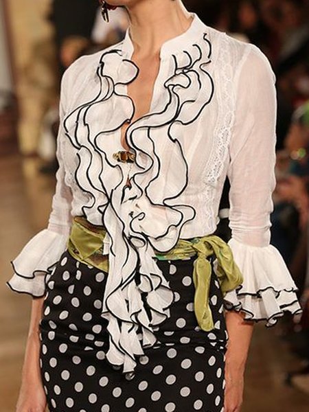 Elegant Stand Collar Flouncing Color Block Blouse, White, Blouses and Shirts
Elegant Stand Collar Flouncing Color Block Blouse, White, Blouses and Shirts