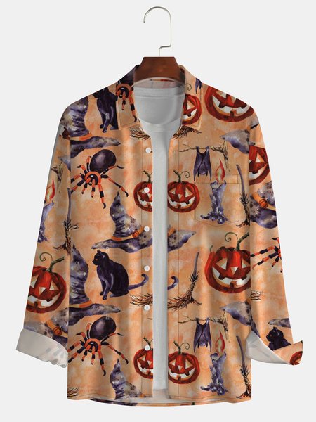 Men's Halloween Graphic Print Long Sleeve Shirt, Orange, Long Sleeve Shirts