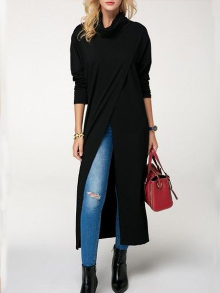 Urban Plain Split Loose Half Turtleneck Top, Black, Tops