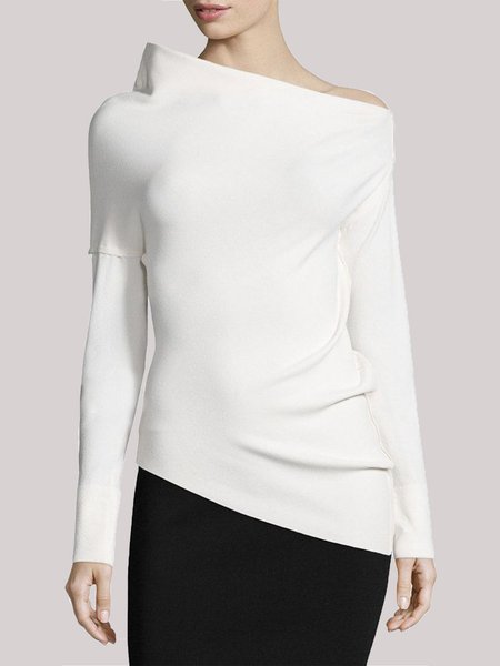 Plain Autumn Elegant Polyester Daily Regular Fit Asymmetrical Regular Regular Size Tops for Women, White, Tops